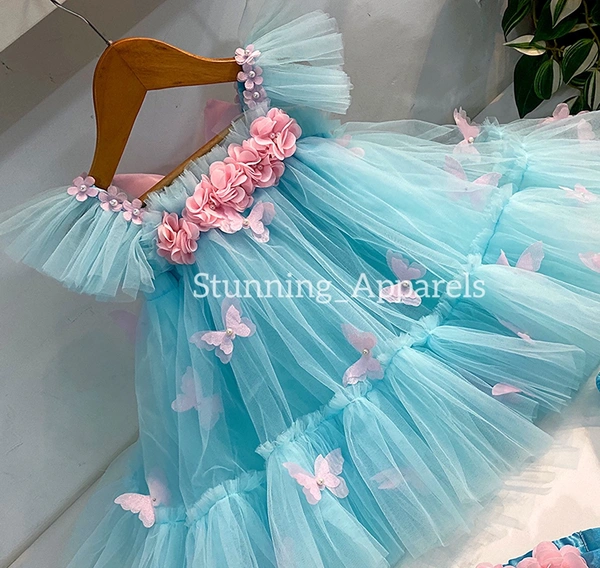 Butterfly Work Party Wear Sky Blue Umbrella Dress  - 2-3 Years