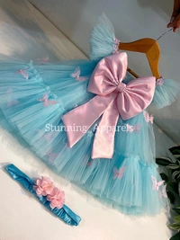 Butterfly Work Party Wear Sky Blue Umbrella Dress  - 2-3 Years