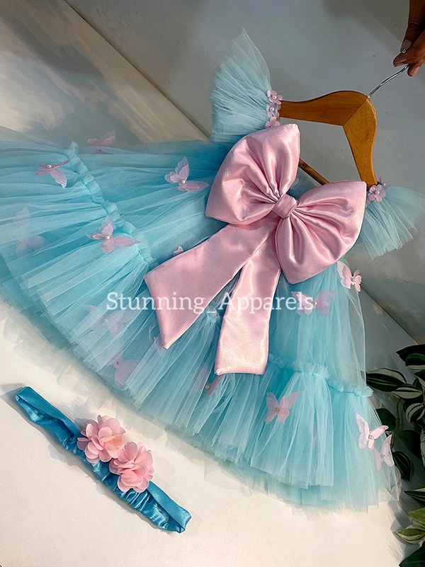 Butterfly Work Party Wear Sky Blue Umbrella Dress  - 2-3 Years