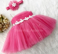 White Flower Work Strapped Flemingo Pink Dress  - 0-3 Month