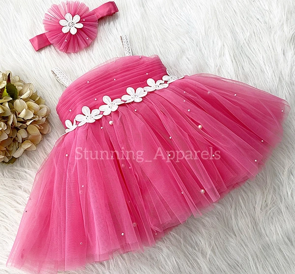 White Flower Work Strapped Flemingo Pink Dress  - 0-3 Month