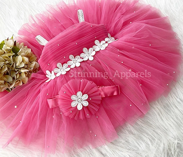 White Flower Work Strapped Flemingo Pink Dress  - 3-4 Years