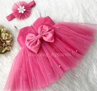 White Flower Work Strapped Flemingo Pink Dress  - 3-4 Years