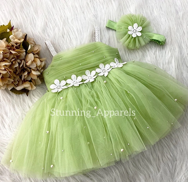 White Flower Work Strapped Pista Green Dress - 0-3 Month