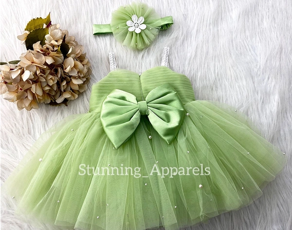 White Flower Work Strapped Pista Green Dress - 0-3 Month