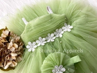 White Flower Work Strapped Pista Green Dress - 0-3 Month