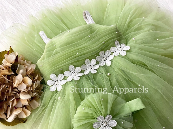 White Flower Work Strapped Pista Green Dress - 0-3 Month