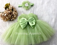White Flower Work Strapped Pista Green Dress - 1-2 Years