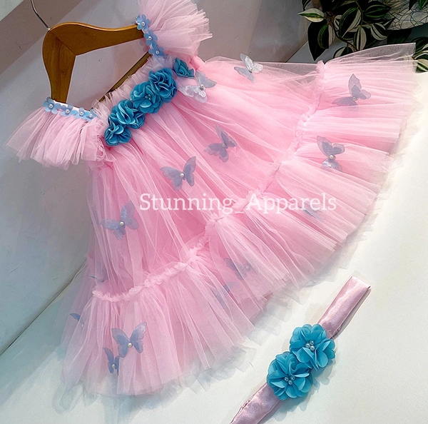 Butterfly Work Party Wear Baby Pink Dress  - 4-5 Years