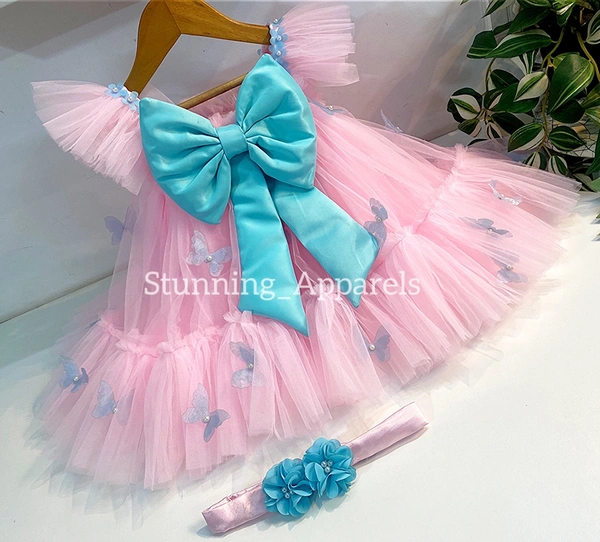 Butterfly Work Party Wear Baby Pink Dress  - 4-5 Years