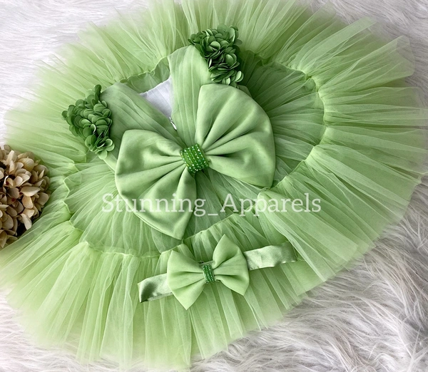 Cape Sleeves Flower Work Ruffled Pista Green Dress  - 3-6 Month