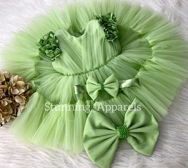 Cape Sleeves Flower Work Ruffled Pista Green Dress  - 9-12 Month