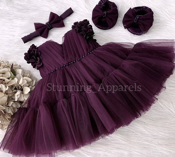 Cape Sleeves Flower Work Ruffled Wine Dress  - 9-12month