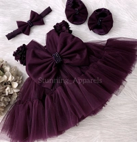 Cape Sleeves Flower Work Ruffled Wine Dress  - 1-2 Years