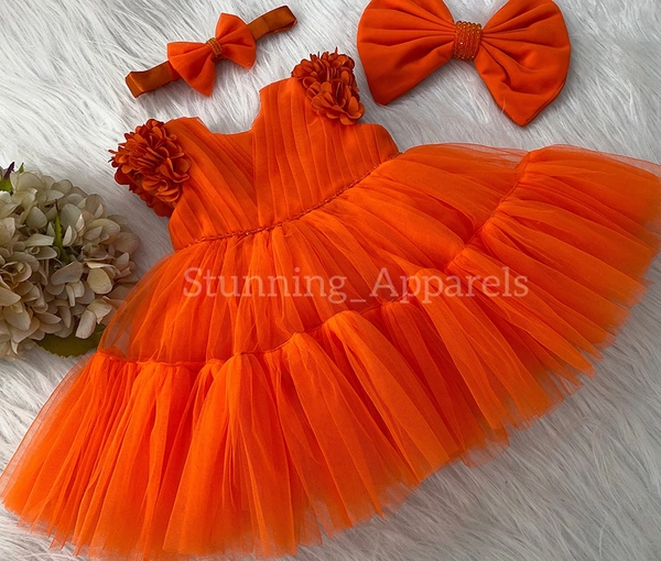 Cape Sleeves Flower Work Orange Dress  - 4-5 Years