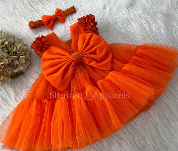 Cape Sleeves Flower Work Orange Dress  - 4-5 Years