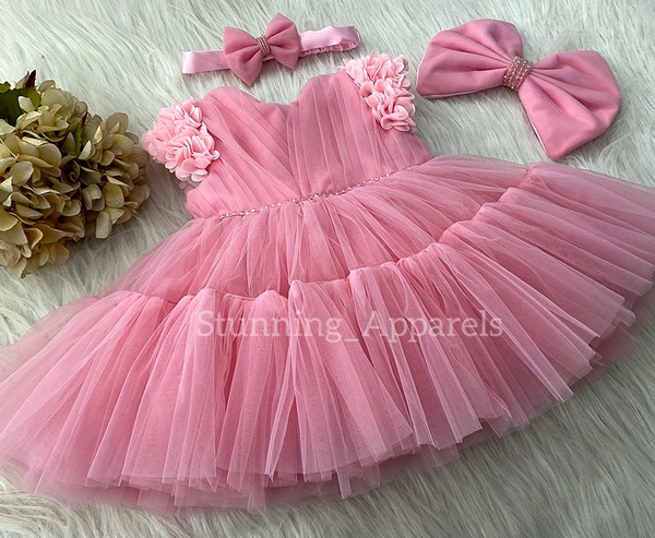 Cape Sleeves Flower Work Peach Dress  - 3-4 Years