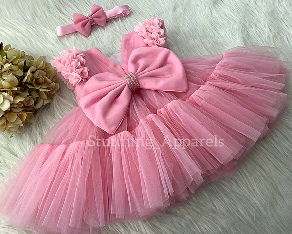 Cape Sleeves Flower Work Peach Dress  - 4-5 Years