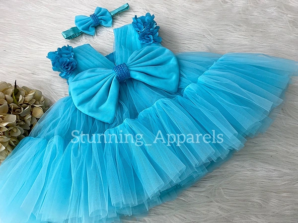 Cape Sleeves Flower Work Sky Blue Dress  - 1-2 Years