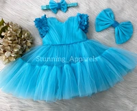 Cape Sleeves Flower Work Sky Blue Dress  - 1-2 Years