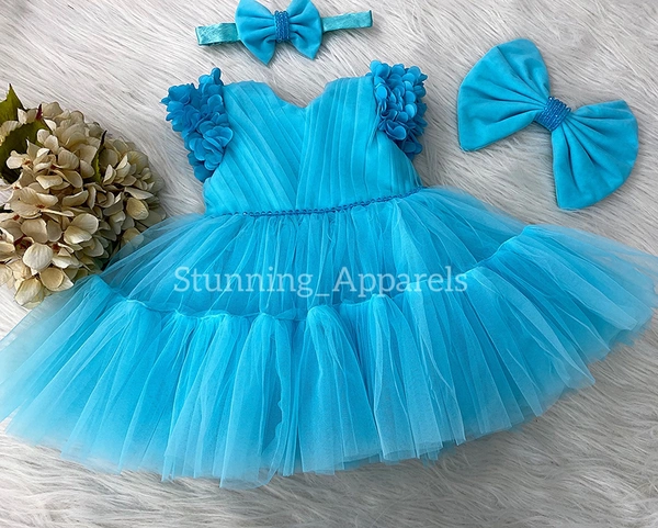Cape Sleeves Flower Work Sky Blue Dress  - 1-2 Years