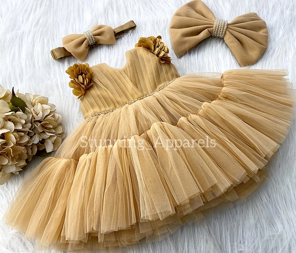 Cape Sleeves Flower Ruffled Work Golden Dress  - 3-6 Month