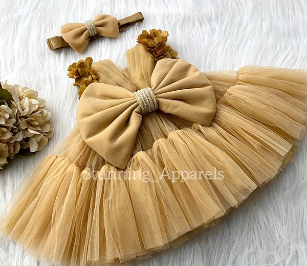 Cape Sleeves Flower Ruffled Work Golden Dress  - 2-3 Years