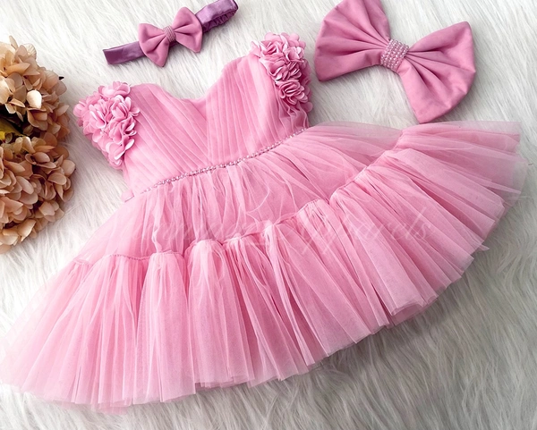 Cape Sleeves Flower Work Ruffled Baby Pink Dress  - 9-12 Month