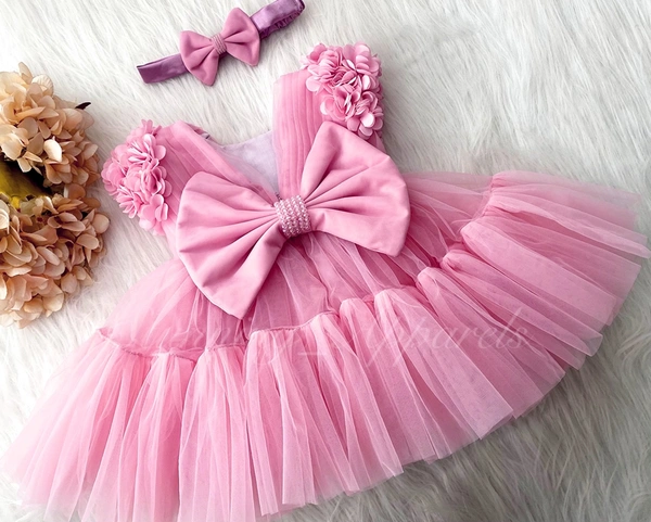 Cape Sleeves Flower Work Ruffled Baby Pink Dress  - 1-2 Years