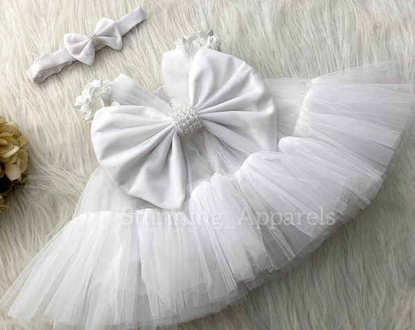 Cape Sleeves Flower Work Ruffled White Dress  - 6-9 Month
