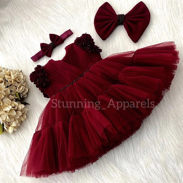 Cape Sleeves Flower Work Ruffled Maroon  - 1-2 Years