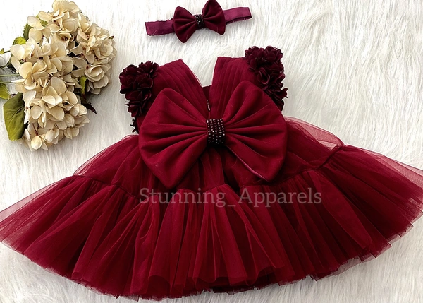 Cape Sleeves Flower Work Ruffled Maroon  - 2-3 Years