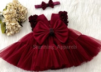 Cape Sleeves Flower Work Ruffled Maroon  - 4-5 Years