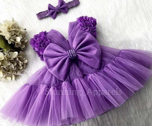 Cape Sleeves Flower Work Ruffled Dark Lavender Dress  - 2-3 Years