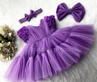 Cape Sleeves Flower Work Ruffled Dark Lavender Dress  - 2-3 Years