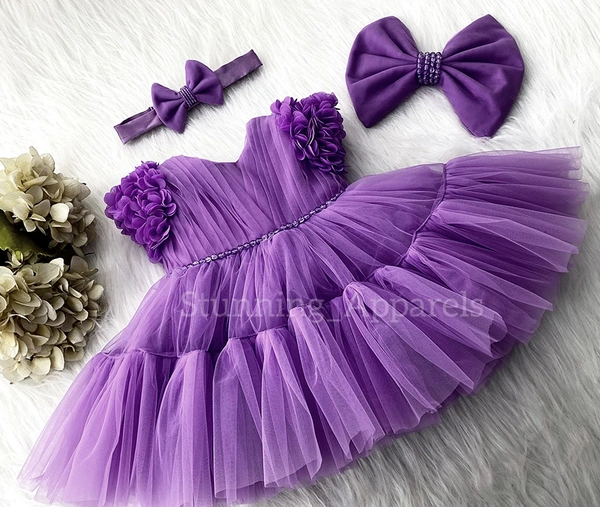 Cape Sleeves Flower Work Ruffled Dark Lavender Dress  - 2-3 Years
