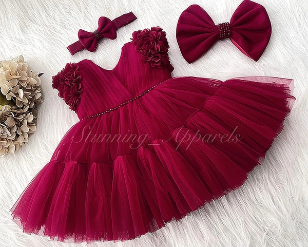 Cape Sleeves Flower Work Ruffled Ruby Red Dress  - 6-9 Month