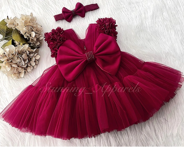 Cape Sleeves Flower Work Ruffled Ruby Red Dress  - 3-4 Years