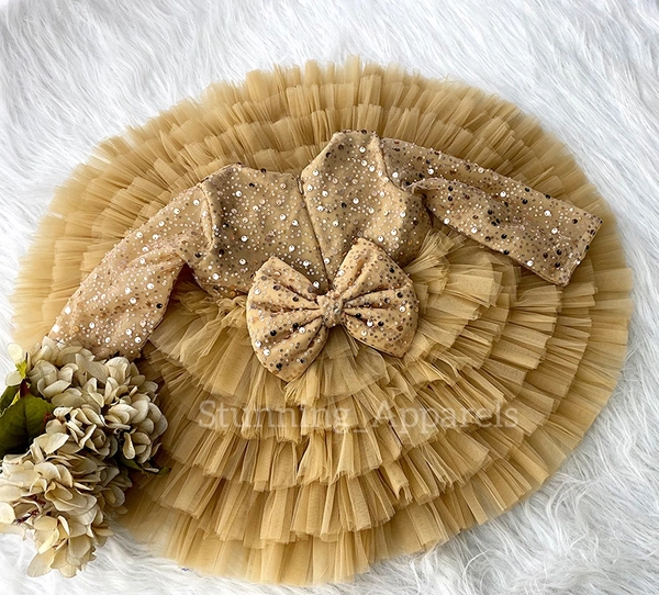 Long Sleeves Beads Sequins Layered Golden Dress  - 1-2 Years
