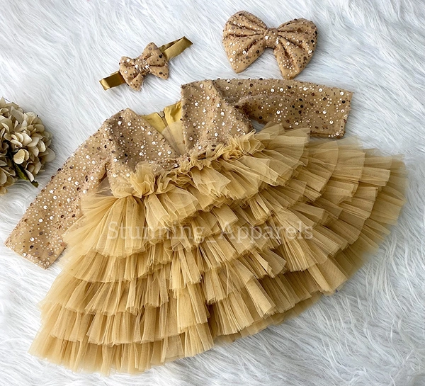 Long Sleeves Beads Sequins Layered Golden Dress  - 2-3 Years