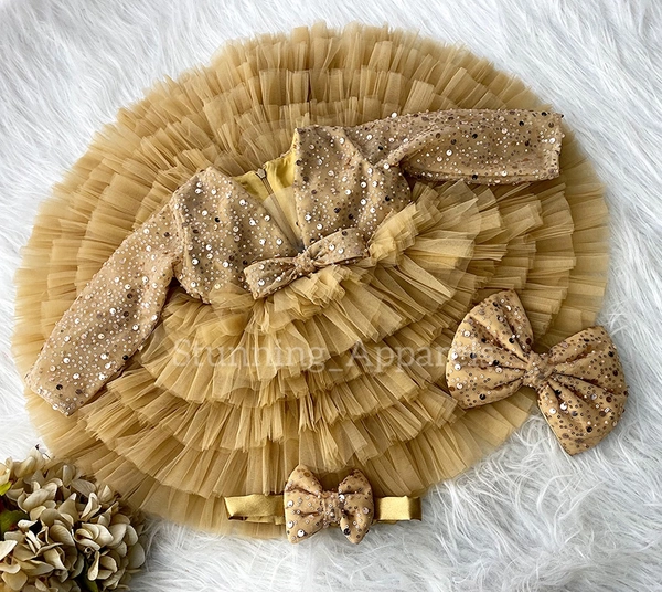 Long Sleeves Beads Sequins Layered Golden Dress  - 3-4 Years