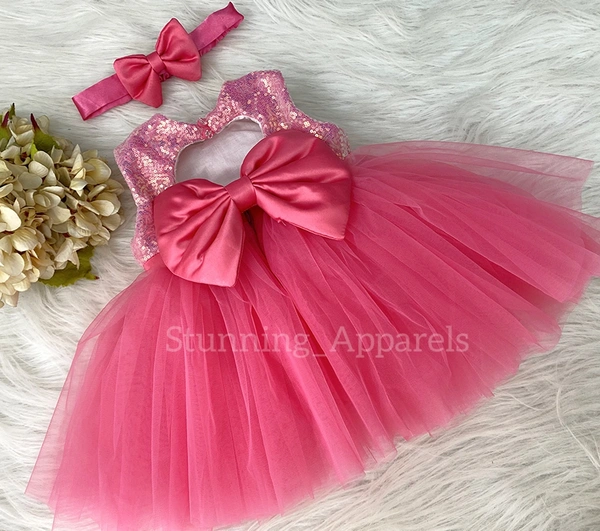 Multi Colour Sequins With Satin Bow Flemingo Pink Dress  - 4-5 Years