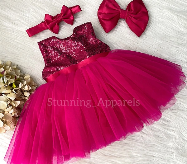 Pink Sequins Satin Bow Magenta Pink Dress  - 0-3 Month