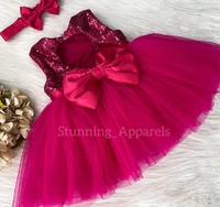 Pink Sequins Satin Bow Magenta Pink Dress  - 0-3 Month