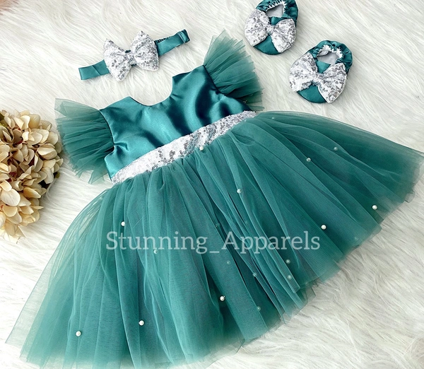 Silver Sequins Bow Teal Green Dress  - 3-4 Years
