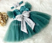 Silver Sequins Bow Teal Green Dress  - 3-4 Years