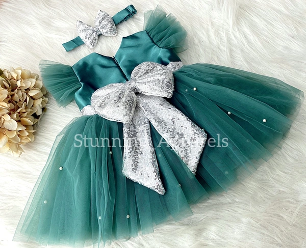Silver Sequins Bow Teal Green Dress  - 3-4 Years