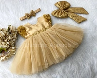 Golden Sequins Bow And Cape Sleeves Flower Work  Golden Dress  - 0-3 Month