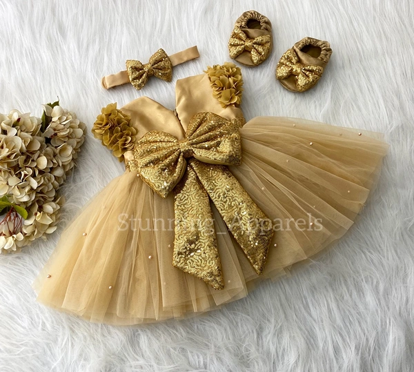 Golden Sequins Bow And Cape Sleeves Flower Work  Golden Dress  - 6-9 Month