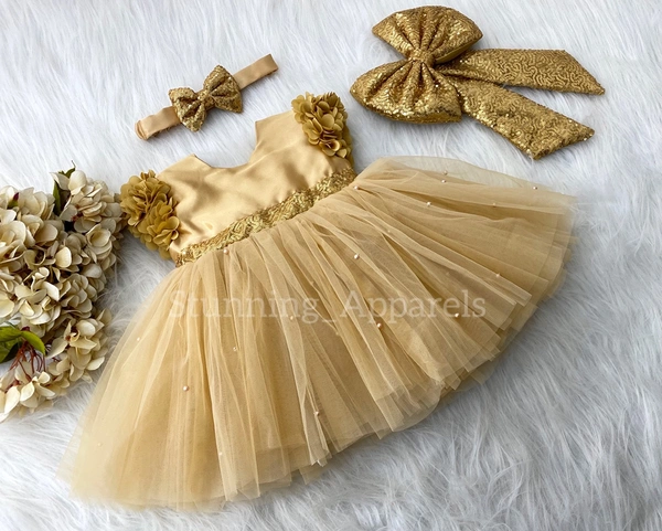 Golden Sequins Bow And Cape Sleeves Flower Work  Golden Dress  - 6-9 Month